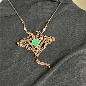 Handcrafted Copper Wire Wrapped Green Stone Pendant Necklace